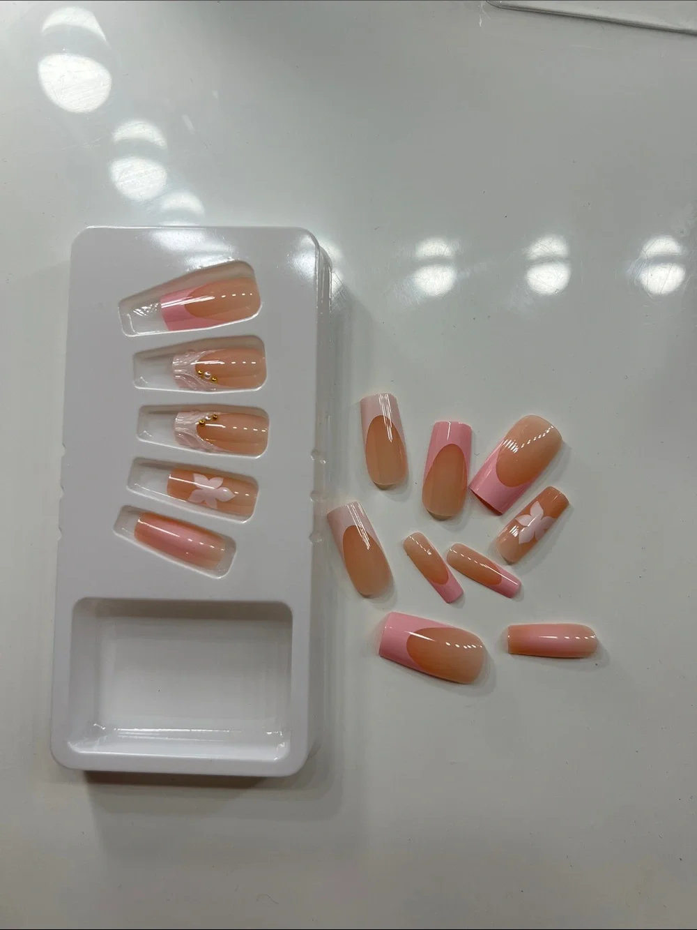 Peach & Pink Ombre Press On Nail Set with Floral Accent